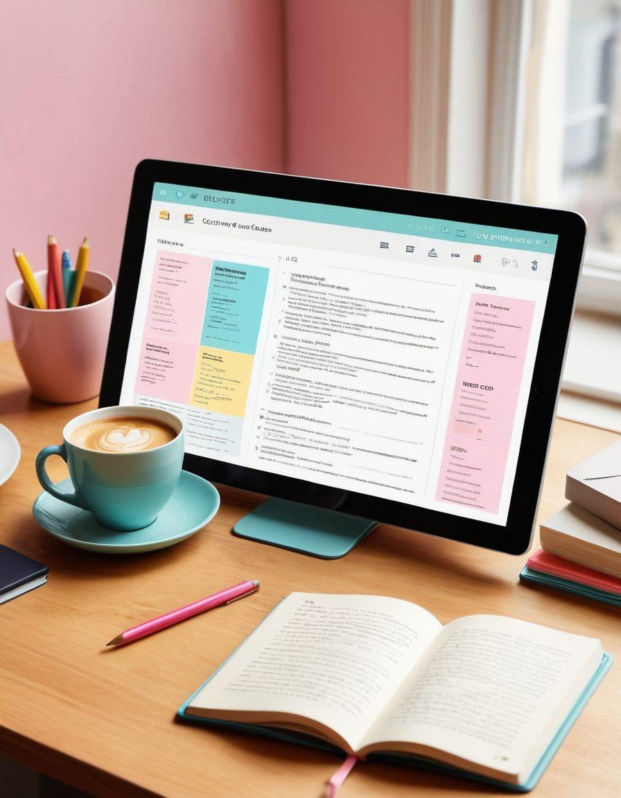 A sleek, modern digital journal interface showcasing a collection of colorful, organized links in a streamlined manner, with a user seamlessly navigating through them. Overlaying elements of creativity such as bookmarks and notes, alongside a cup of coffee on a stylish desk, evoking a cozy workspace atmosphere. The background features soft pastel colors to enhance a tranquil feel. vibrant colors. super-realistic.