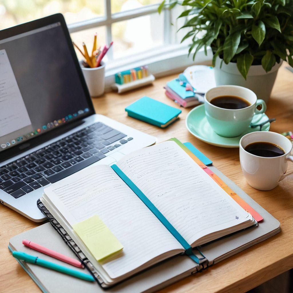 A cozy workspace scene featuring an open digital notebook with colorful bookmarks and tabs, showcasing organized notes on blogging tips. Include a steaming cup of coffee, a potted plant, and a laptop in the background. The atmosphere is warm and inviting, emphasizing creativity and productivity. Illustration style with pastel colors and soft textures. vibrant colors. 3D.