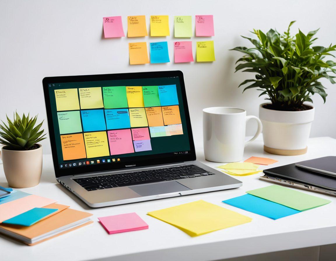 A workspace featuring a modern digital interface with colorful virtual sticky notes, a sleek tablet displaying organized notes, and an open laptop with productivity software. Include elements like a cozy coffee mug, green plants, and soft lighting to create a warm, inviting atmosphere for digital note management. super-realistic. vibrant colors. white background.